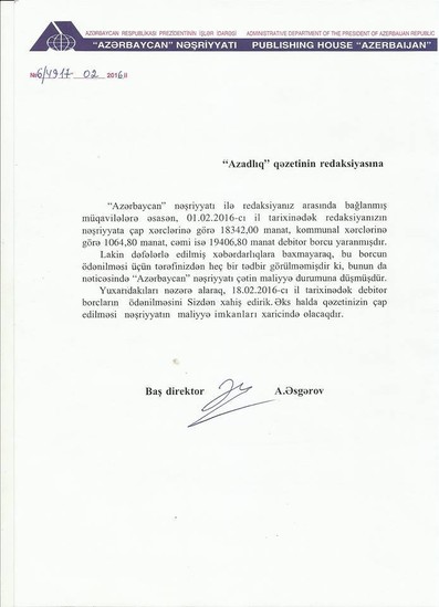 "Azadlıq" qəzetinə xəbərdarlıq edildi