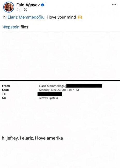 Faiq Ağayevin Elarizlə bağlı paylaşımı gündəm oldu