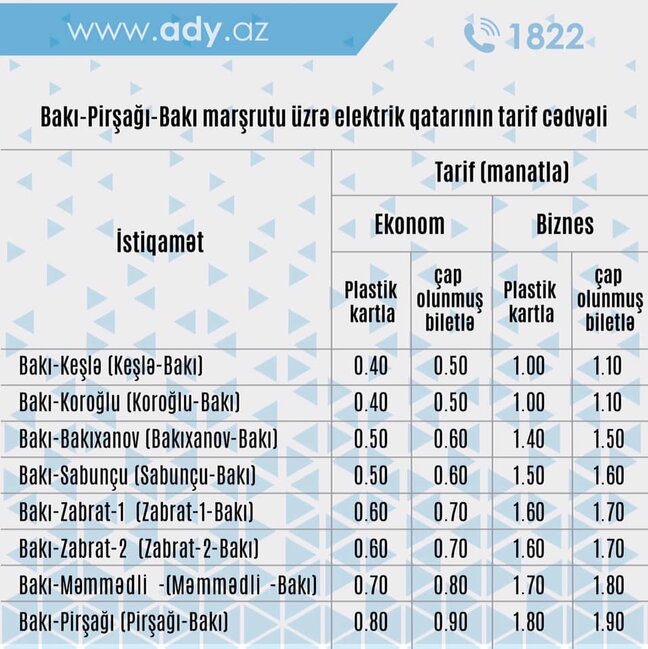 Sabahdan hərəkətə başlayacaq Bakı-Pirşağı-Bakı qatarı - HƏRƏKƏT QRAFİKİ VƏ QİYMƏT CƏDVƏLİ