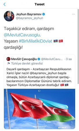 Mövlud Çavuşoğlu Ceyhun Bayramovu "Diplomatlar Günü" münasibətilə təbrik edib