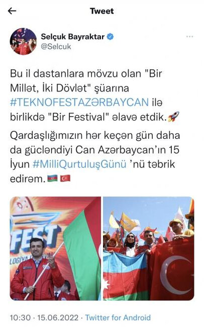 Selçuk Bayraktar Azərbaycan xalqını təbrik edib