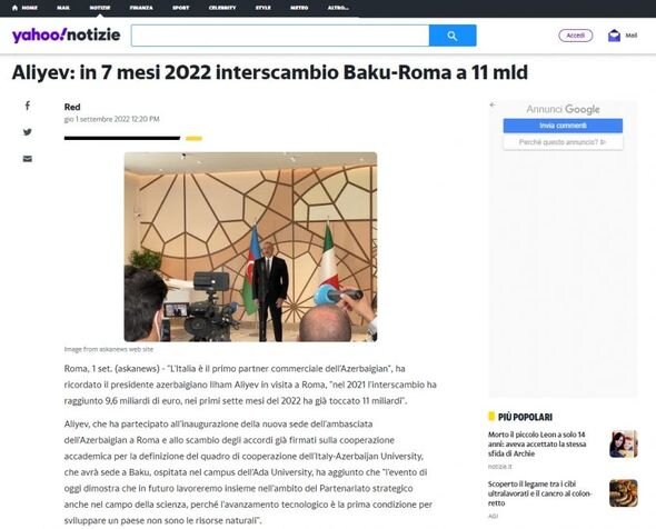 Prezident İlham Əliyevin İtaliyaya səfəri bu ölkənin mətbuatının böyük diqqət mərkəzində olub - FOTO