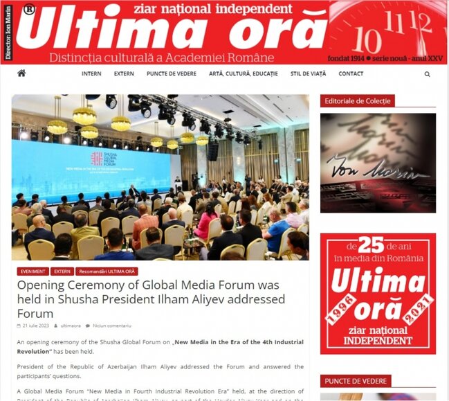 Rumıniya mətbuatı Şuşada keçirilən Qlobal Media Forumundan yazıb