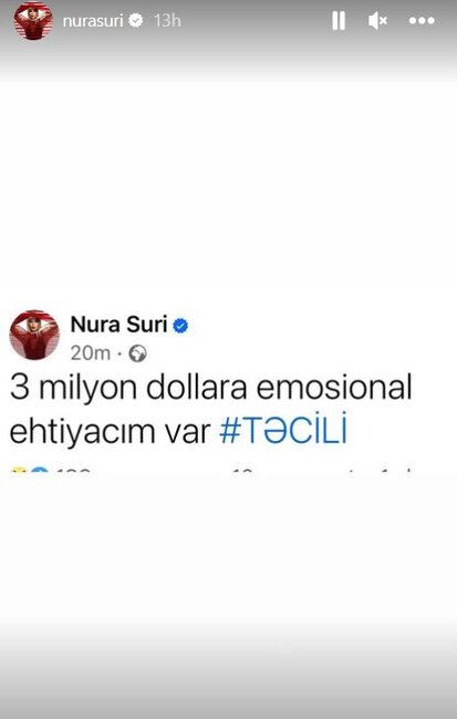 Nuradan psixoloqun qalmaqallı fikirlərinə REAKSİYA: "3 milyon dollara emosional ehtiyacım var" – FOTO