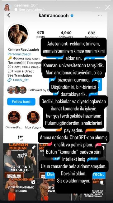 "ChatGPT"dən götürdüyü pəhrizləri Günelə pulla satdı: "Aldanmayın"