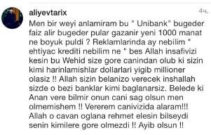 "Allah bəlanızı versin, şəhid anası verə bilmir mən verərəm" - Tolik "Unibank"ı rüsvay etdi