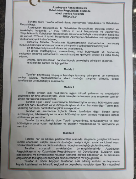Azərbaycan və Özbəkistan arasında "Əbədi dostluq haqqında Müqavilə" imzalandı - FOTO