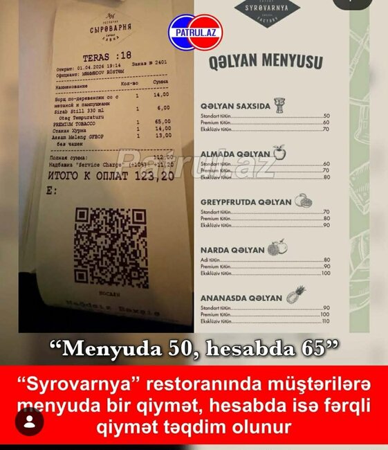 "Syrovarnaya" restoranında müştərilərə menyudan fərqli hesab təqdim olunur