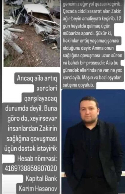 Ağır qəza keçirən Zakirin yardıma ehtiyacı var