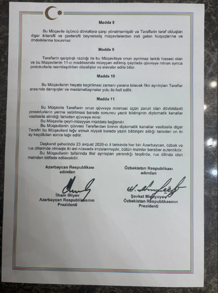 Azərbaycan və Özbəkistan arasında "Əbədi dostluq haqqında Müqavilə" imzalandı - FOTO