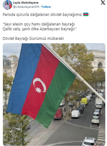 Leyla Abdullayeva: "Parisdə qürurla dalğalanan dövlət bayrağımız" - FOTO