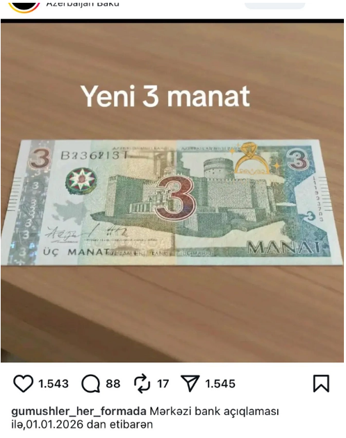 Yeni ildən Azərbaycanda 3 manat tədavülə buraxılacaq? - RƏSMİ