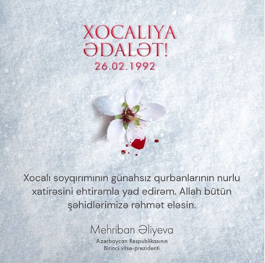 Mehriban Əliyeva Xocalı soyqırımının 31-ci ildönümü ilə bağlı paylaşım edib – FOTO