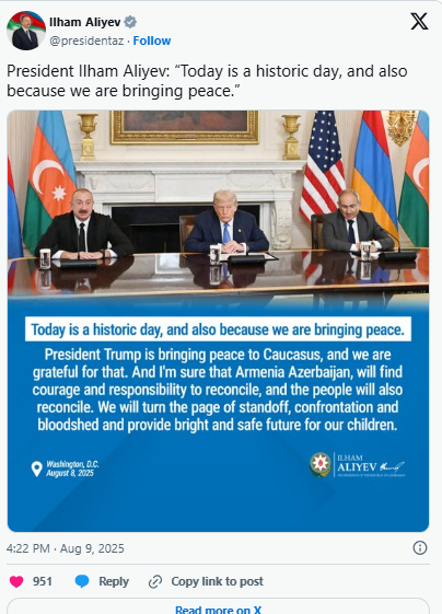 Ağ Ev Azərbaycan Prezidentinin postunu paylaşıb - FOTO