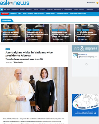 İtaliya mediası Birinci vitse-prezident Mehriban Əliyevanın Vatikana rəsmi səfərini diqqətdə saxlayıb