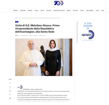 İtaliya mediası Birinci vitse-prezident Mehriban Əliyevanın Vatikana rəsmi səfərini diqqətdə saxlayıb