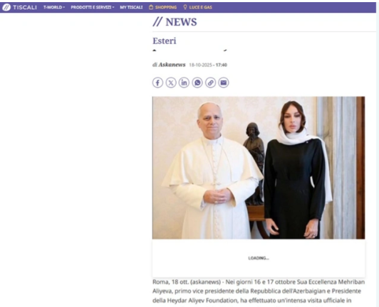 İtaliya mediası Birinci vitse-prezident Mehriban Əliyevanın Vatikana rəsmi səfərini diqqətdə saxlayıb