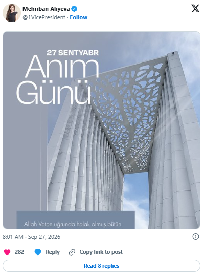 Mehriban Əliyeva 27 Sentyabr - Anım Günü ilə bağlı paylaşım edib - FOTO