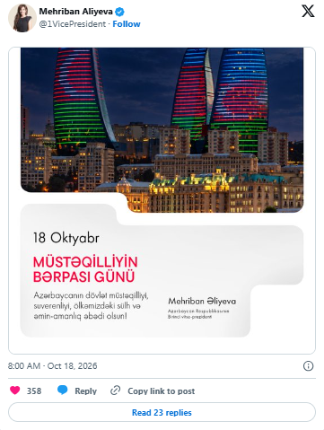 Mehriban Əliyeva Müstəqilliyin Bərpası Günü ilə bağlı paylaşım edib - Foto