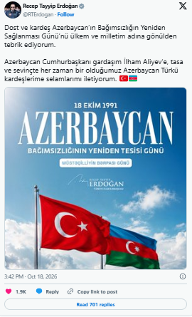 Ərdoğandan təbrik mesajı: Qardaşım İlham Əliyevlə kədər və sevincdə bərabərik- Foto