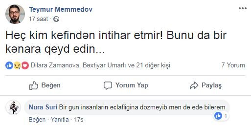 Azərbaycanlı müğənnidən intihar anonsu: "İnsanların əclaflığına dözməyib..."