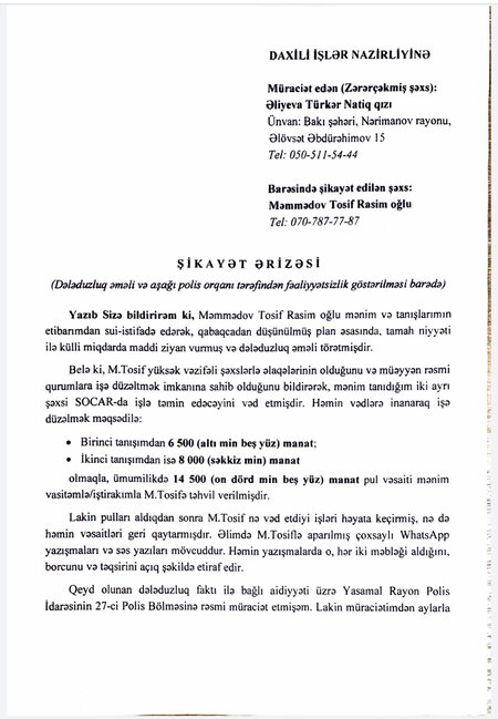"İşə düzəldəcəyəm" dedi, 14 500 manat aldı - Tosif Məmmədovla bağlı iddia