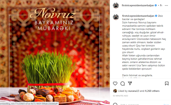 Mehriban Əliyevadan Novruz bayramı paylaşımı