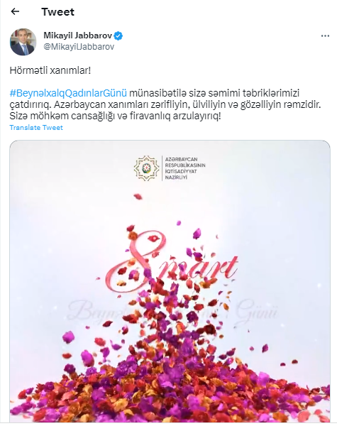 Mikayıl Cabbarov Azərbaycan xanımlarını təbrik edib - FOTO