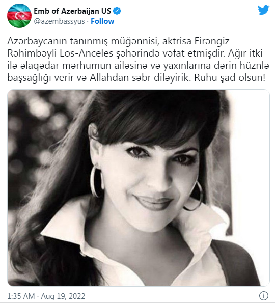Səfirlik Firəngiz Rəhimbəyovanın vəfatı ilə bağlı başsağlığı verdi