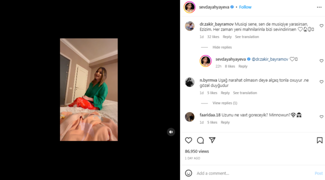 Sevda qızına mahnı oxuyub paylaşdı, yoldaşı belə şərh yazdı - FOTO-VİDEO