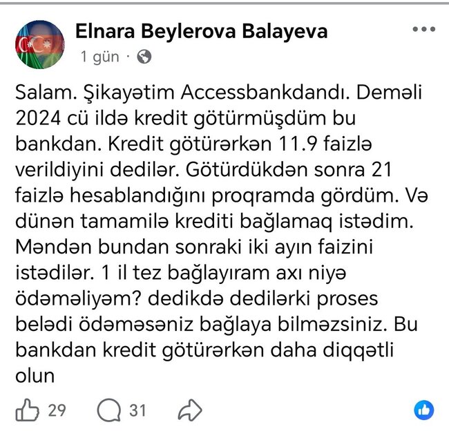 "Accessbank"dan kredit götürənlərə XƏBƏRDARLIQ