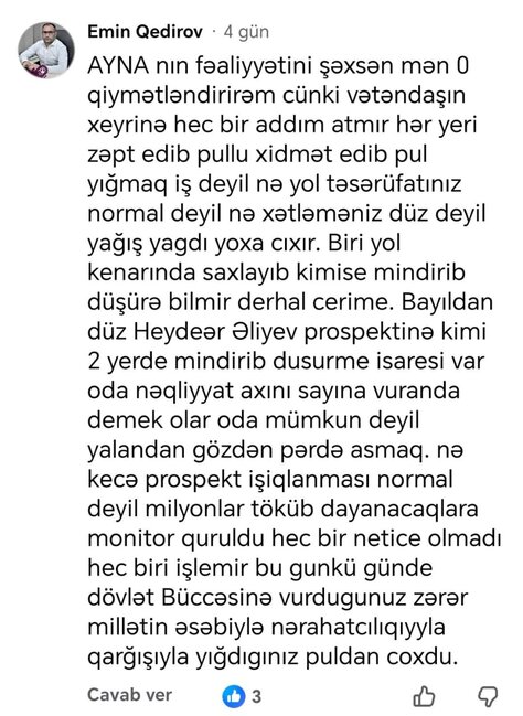 Vətəndaşdan AYNA rəhbərinə: "Anar Rzayev maşınından düşüb avtobusa minsin"