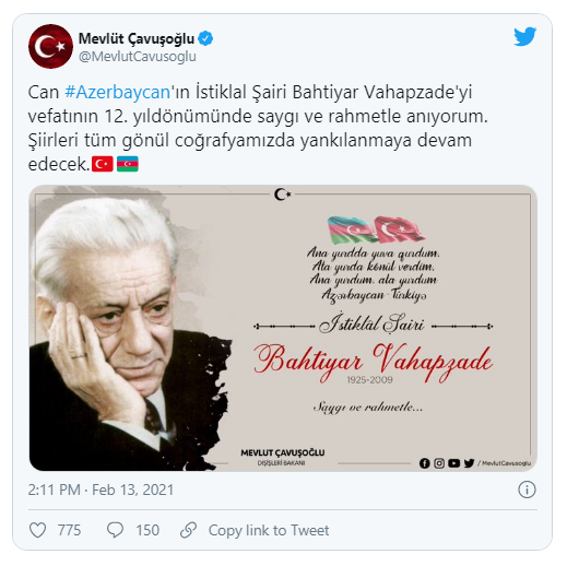 Çavuşoğludan Bəxtiyar Vahabzadə ilə bağlı PAYLAŞIM - FOTO