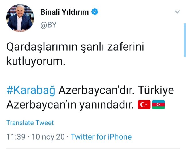 Binali Yıldırım Azərbaycan xalqını təbrik etdi