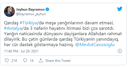 Ceyhun Bayramovdan Mövlud Çavuşoğluna başsağlığı mesajı – FOTO