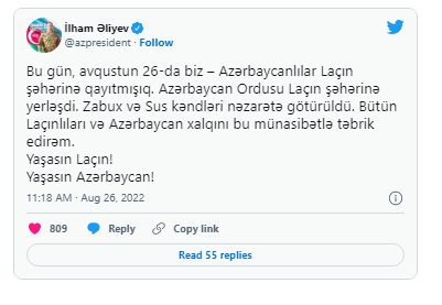 Prezidentdən YENİ TVİT: "Biz – azərbaycanlılar Laçın şəhərinə qayıtmışıq" - FOTO