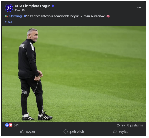 Çempionlar Liqasının rəsmi səhifəsində Qurban Qurbanovla bağlı - Paylaşım