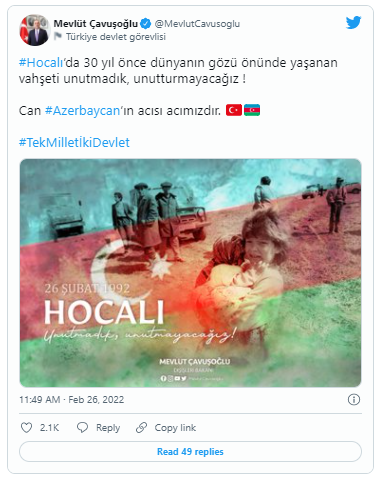 Çavuşoğlu Xocalı qurbanlarını yad etdi - FOTO