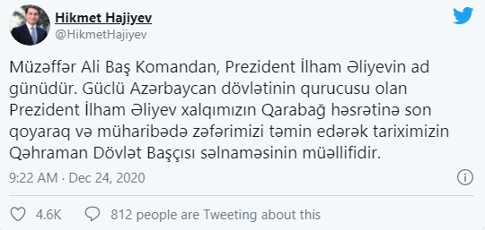 Hikmət Hacıyev İlham Əliyevi təbrik etdi - FOTO