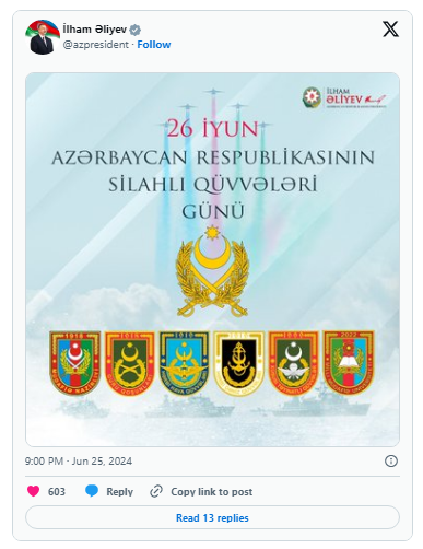 Azərbaycan Prezidenti Silahlı Qüvvələr Günü münasibətilə paylaşım edib
