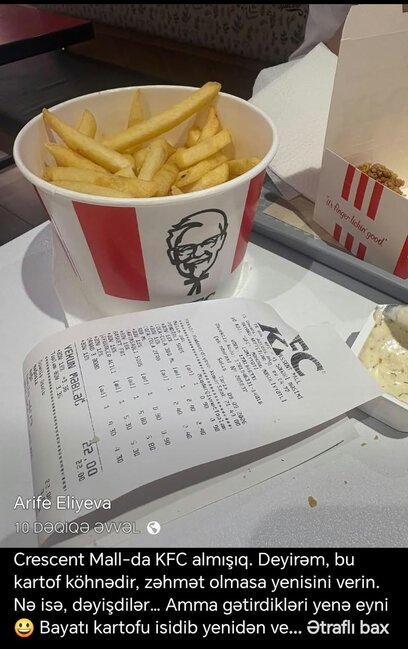 KFC-də müştəriyə bayat kartofu isidib verdilər - Foto