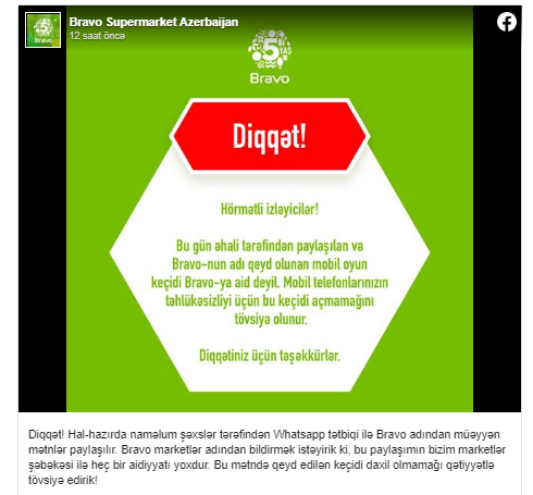"Bravo"dan "Whatsapp"da yayılan mesajla bağlı əhaliyə XƏBƏRDARLIQ