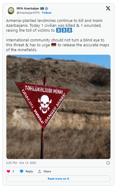 Azərbaycan XİN Ermənistanın mina terroru ilə bağlı beynəlxalq ictimaiyyətə çağırış edib