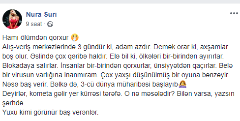 "Çox yaxşı düşünülmüş oyuna bənzəyir" - Nura Suri koronavirusa inanmadı