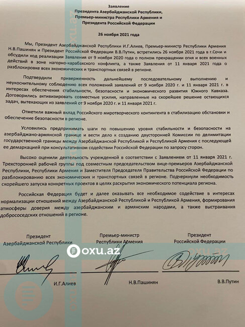 Vladimir Putin, İlham Əliyev və Nikol Paşinyan bəyanat imzalayıblar - YENİLƏNİB + FOTO