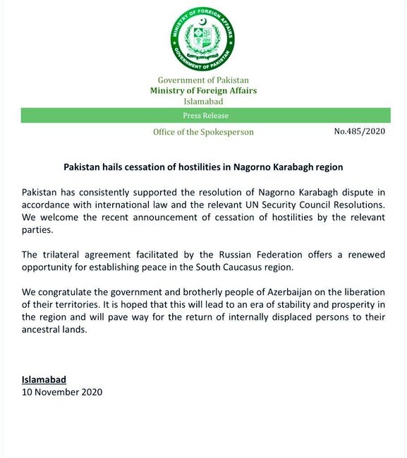 Pakistan Azərbaycanı TƏBRİK ETDİ