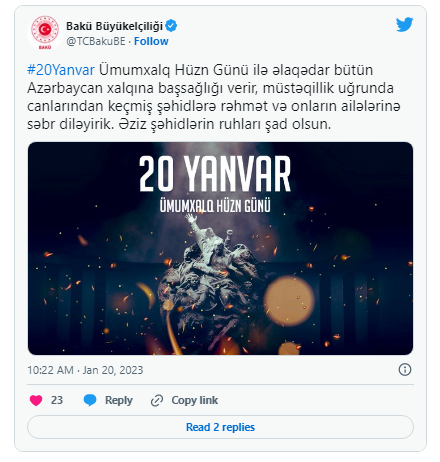 Türkiyənin Azərbaycandakı səfirliyi 20 Yanvarla bağlı başsağlığı verdi - FOTO