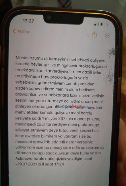 Prokurorluq binasından özünü atan Turalənin şok məktubu üzə çıxdı – FOTO