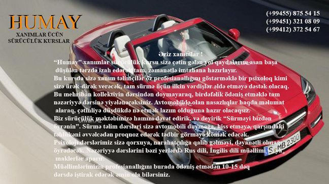 "Humay" xanımlar sürücülük kursu sizə asanlıqla sürücülük vəsiqəsi almağa kömək edəcək