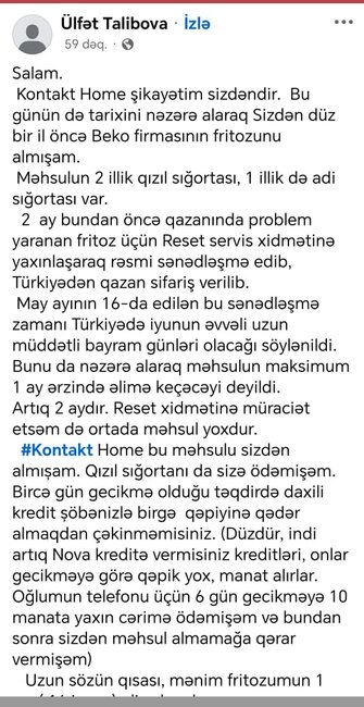 Müştəridən "Kontakt Home"a ETİRAZ: "Qızıl zəmanətlə məhsul almışam, amma…" - Foto